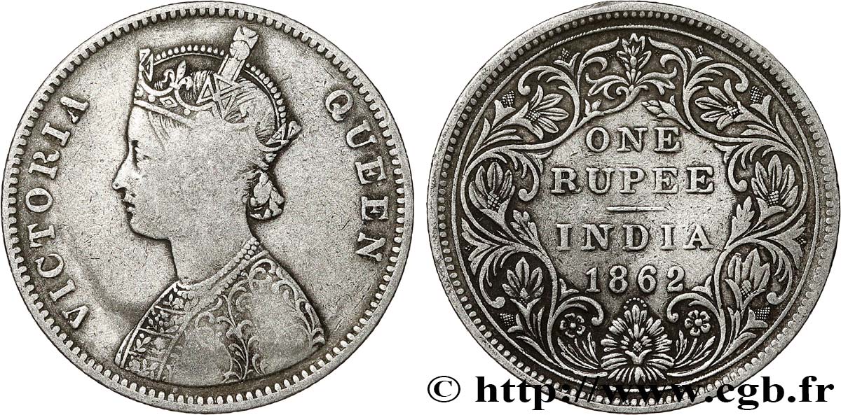 BRITISH INDIA 1 Rupee (Roupie) Victoria 1862 Calcutta VF 