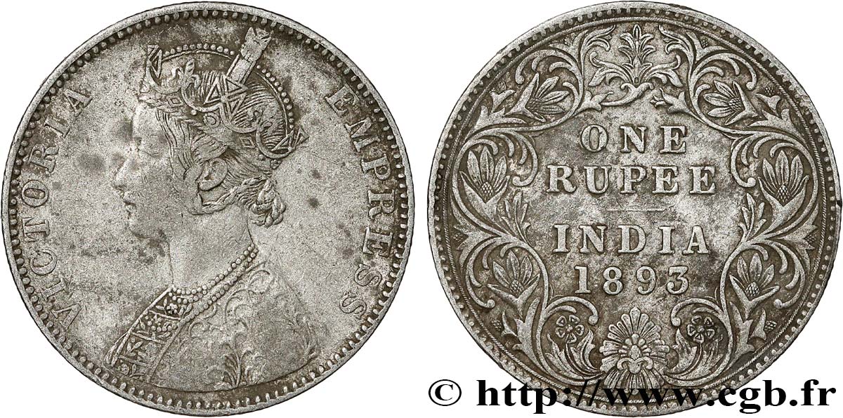 INDES BRITANNIQUES 1 Rupee (Roupie) Victoria 1893 Bombay TB+ 