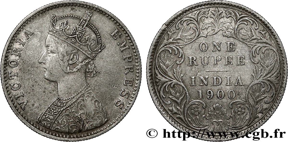 BRITISH INDIA 1 Rupee (Roupie) Victoria  1900 Calcutta XF 