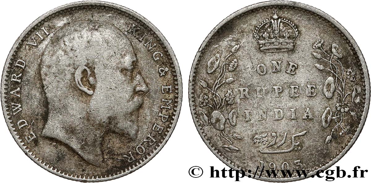BRITISH INDIA 1 Rupee (Roupie) Edouard VII 1903 Bombay VF 
