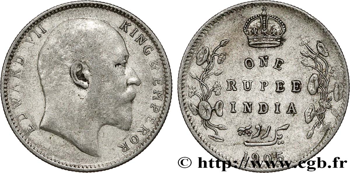 BRITISH INDIA 1 Rupee (Roupie) Edouard VII 1905 Calcutta VF 