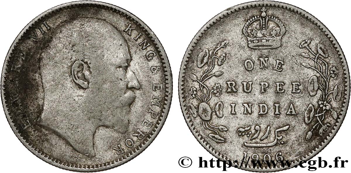 BRITISH INDIA 1 Rupee (Roupie) Edouard VII 1906 Bombay VF 