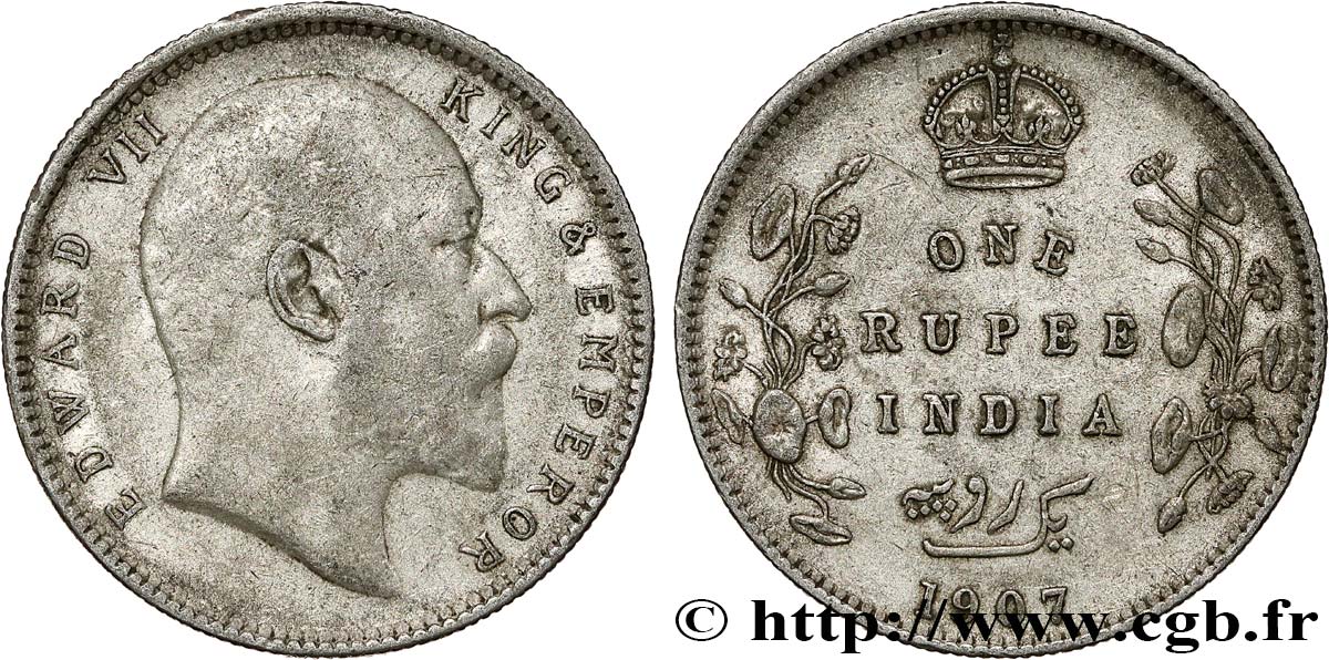 BRITISH INDIA 1 Rupee (Roupie) Edouard VII 1907 Calcutta VF 