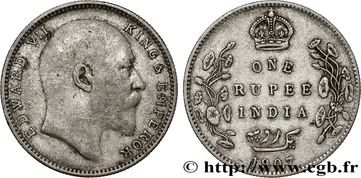 BRITISH INDIA 1 Rupee (Roupie) Edouard VII 1907 Bombay VF 