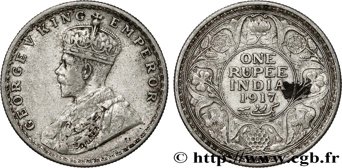 INDES BRITANNIQUES 1 Rupee (Roupie) Georges V 1917 Calcutta TB+ 