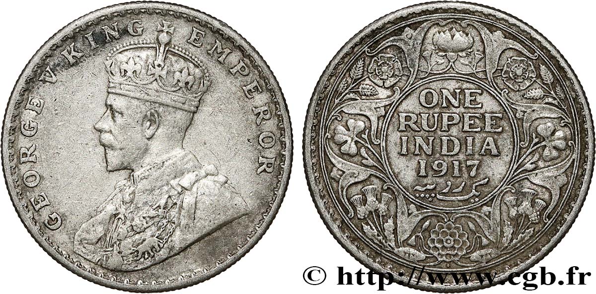 INDIA BRITANNICA 1 Rupee (Roupie) Georges V 1917 Bombay BB 