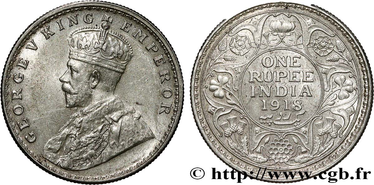 BRITISH INDIA 1 Rupee (Roupie) Georges V 1918 Calcutta XF 