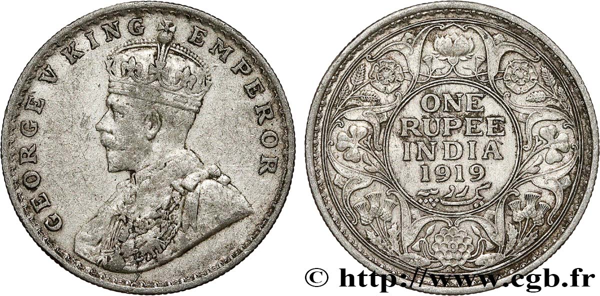 BRITISH INDIA 1 Rupee (Roupie) Georges V 1919 Bombay VF 