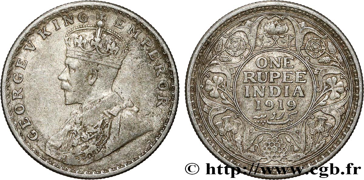 INDIA BRITANNICA 1 Rupee (Roupie) Georges V 1919 Calcutta q.BB 