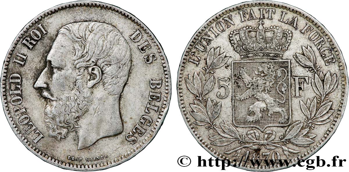 BELGIQUE 5 Francs Léopold II 1870 TTB