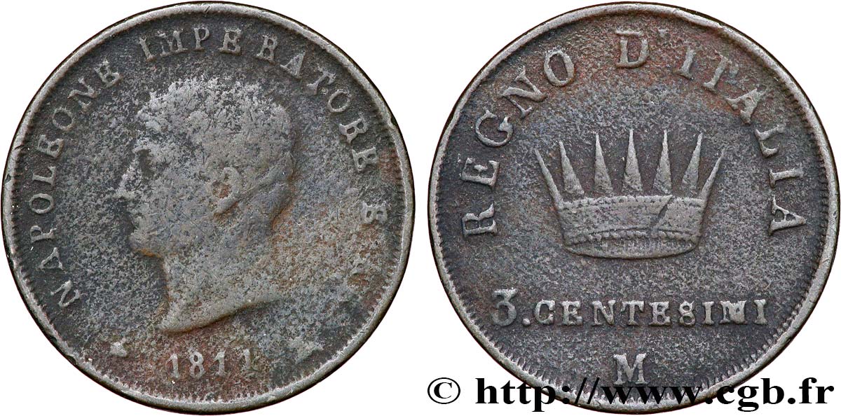 ITALIE - ROYAUME D ITALIE - NAPOLÉON Ier 3 Centesimi 1811 Milan TB