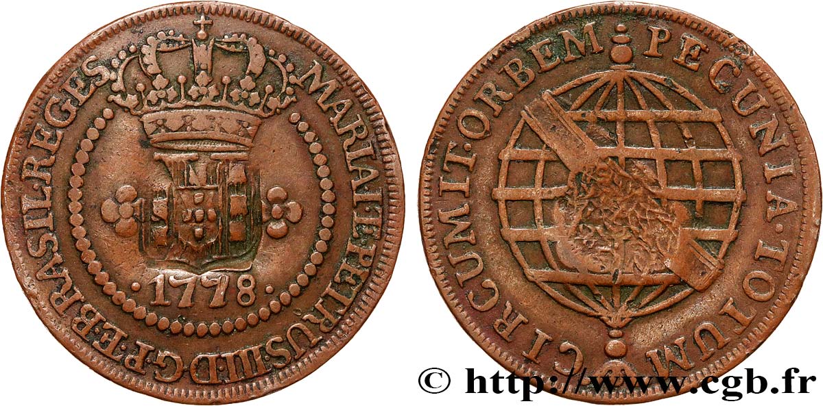 BRAZIL - PRINCE JOHN REGENT 20 Réis contremarqué sur une 10 Réis de 1778 (1809) Lisbonne XF 