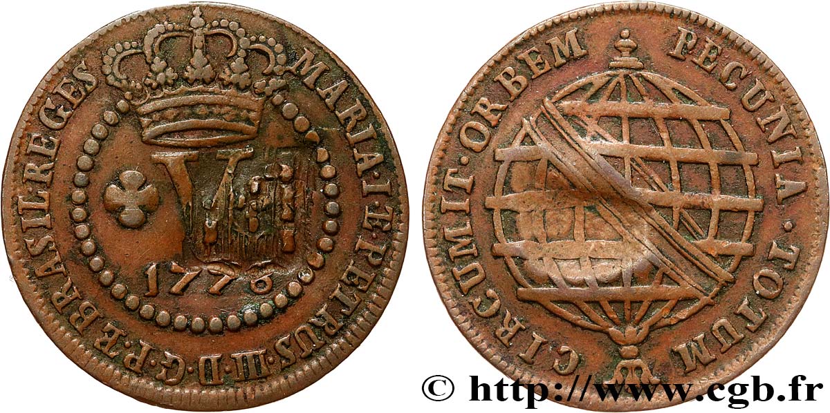 BRÉSIL - PRINCE JEAN REGENT 10 Réis contremarqué sur une 5 Réis de 1778 (1809)  TTB 