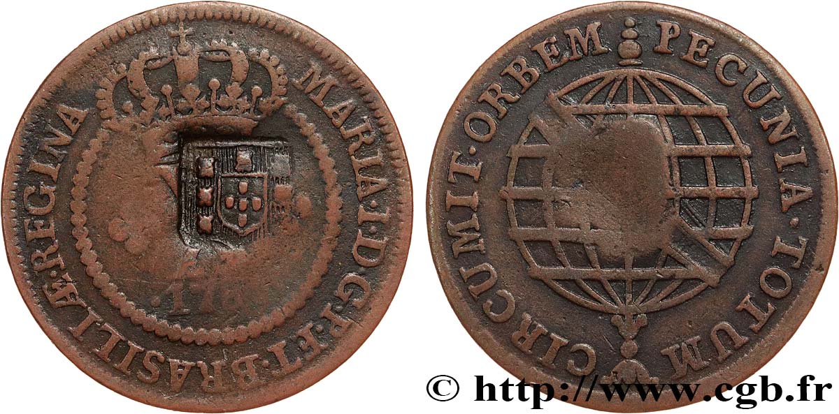 BRAZIL - PRINCE JOHN REGENT 20 Réis contremarqué sur une 10 Réis de 1786 (1809) Lisbonne XF 