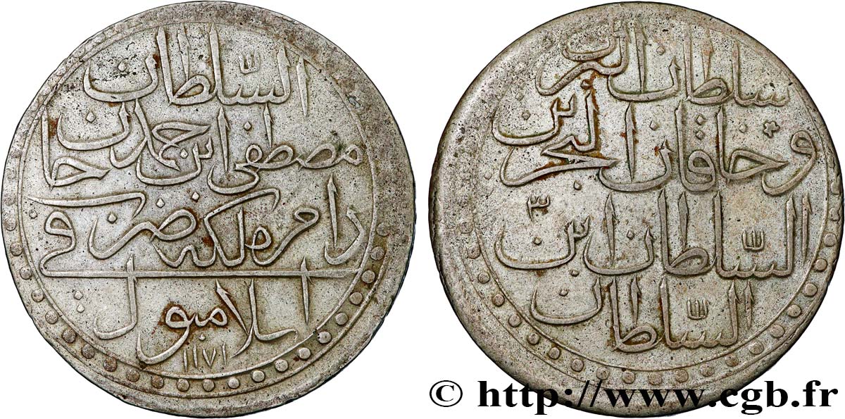 TURQUIE 2 Zolota (60 Para) AH 1171 an 3 au nom de Mustafa III (1760) Constantinople TTB 