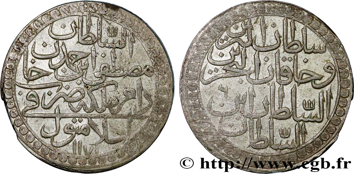 TURKEY 2 Zolota (60 Para) AH 1171 an 6 au nom de Mustafa III (1763) Constantinople XF 