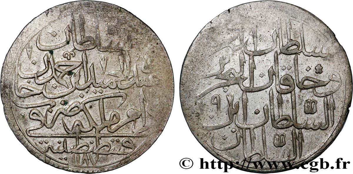 TÜRKEI 2 Zolota (60 Para) AH 1187 an 9 au nom de Abdul Hamid I (1785) Constantinople SS 