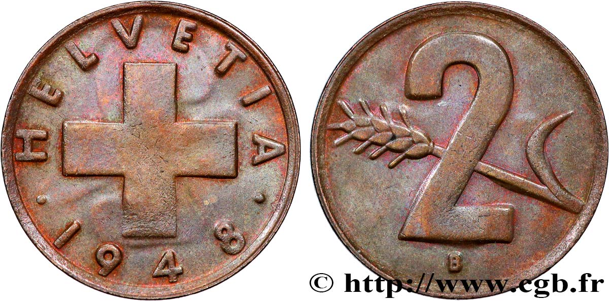 SVIZZERA 2 Centimes (Rappen) croix suisse 1948 Berne BB
