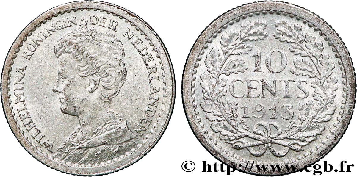 PAYS-BAS - ROYAUME DES PAYS-BAS - WILHELMINE 10 Cents 1913 Utrecht SPL