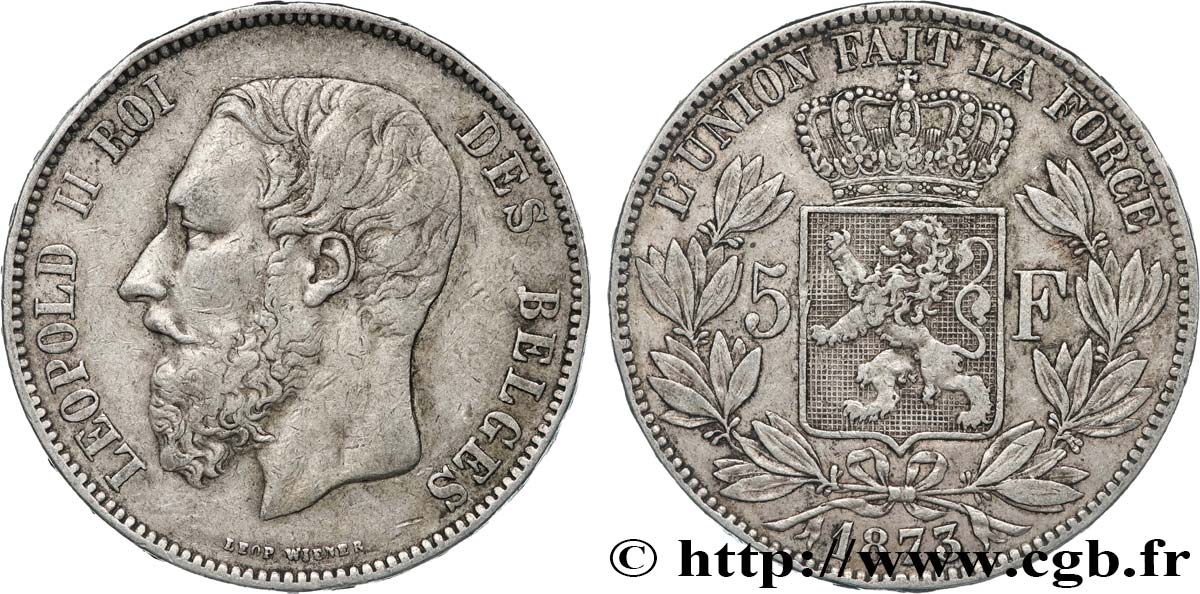BELGIUM 5 Francs Léopold II 1873 XF