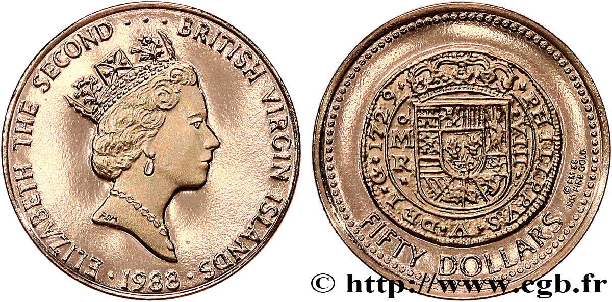 BRITISCHE JUNGFERNINSELN 50 Dollar Proof Monnaie espagnole 1988 Franklin Mint ST