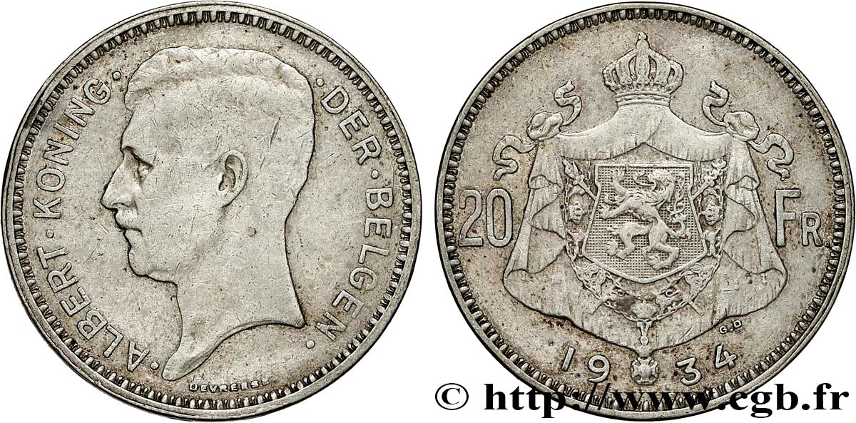 BELGIQUE 20 Francs Albert Ier légende Flamande 1934 TB+