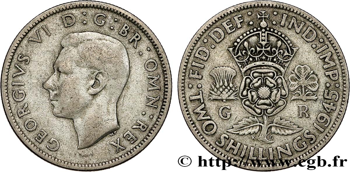 UNITED KINGDOM 1 Florin (2 Shillings) Georges VI 1945 VF