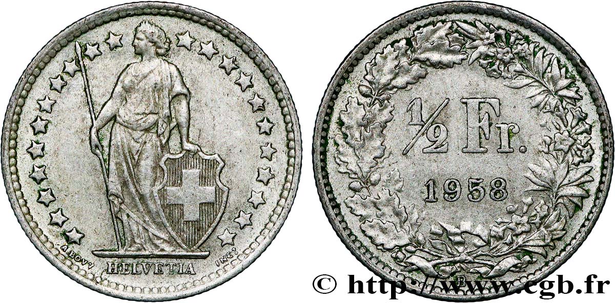 SUISSE 1/2 Franc Helvetia 1958 Berne TTB+
