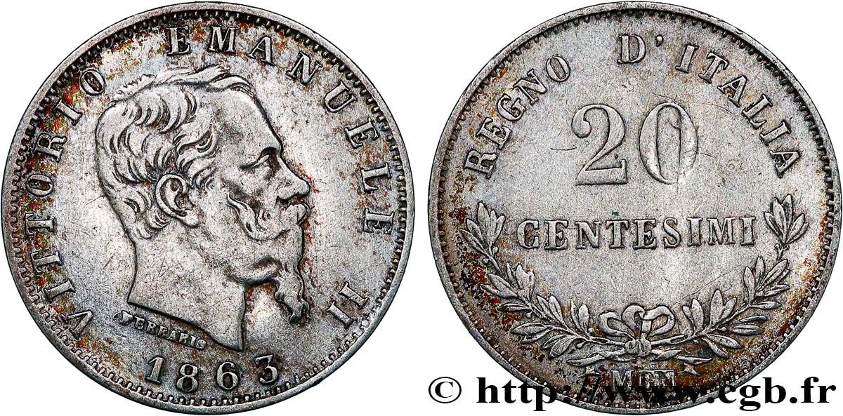 ITALIEN 20 Centesimi Victor Emmanuel II 1863 Milan SS