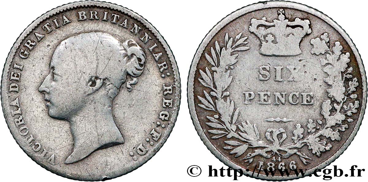 VEREINIGTEN KÖNIGREICH 6 Pence Victoria tête jeune 1866 Londres S