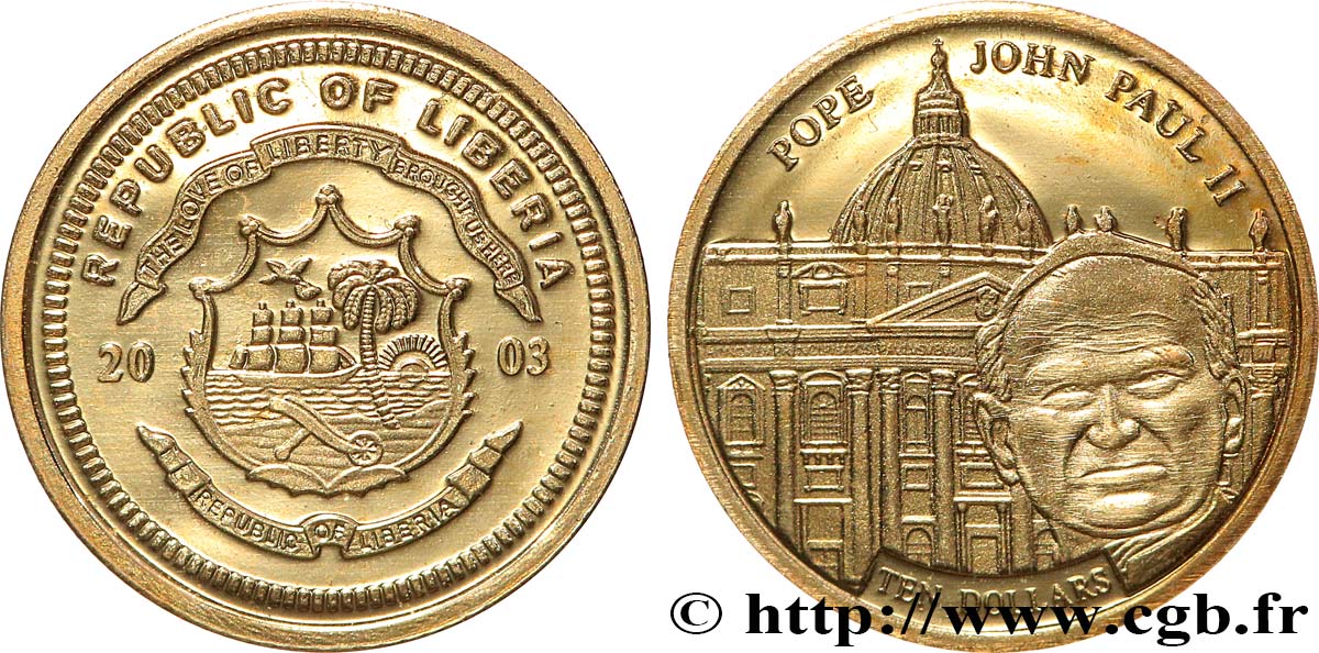 LIBERIA 10 Dollars Proof Jean Paul II 2003  MS 
