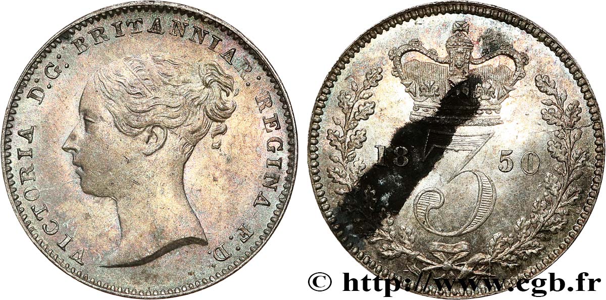 UNITED KINGDOM 3 Pence Victoria “Bun Head” 1850  MS 