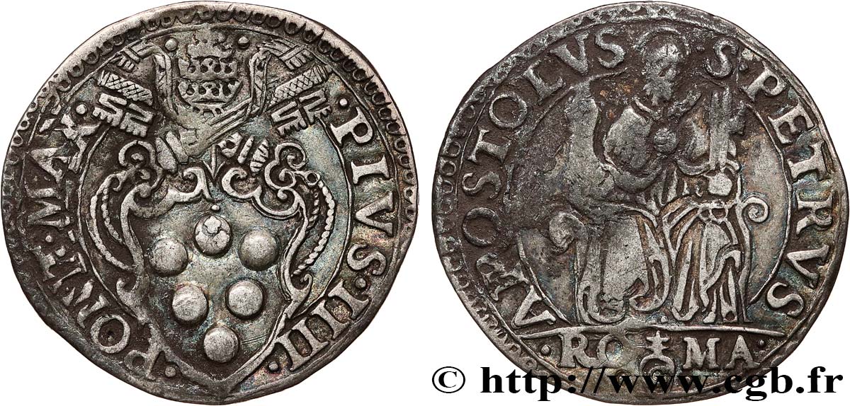 ITALY - PAPAL STATES - PIUS IV (Giovanni Angelo Medici) Teston N.D. Rome VF 
