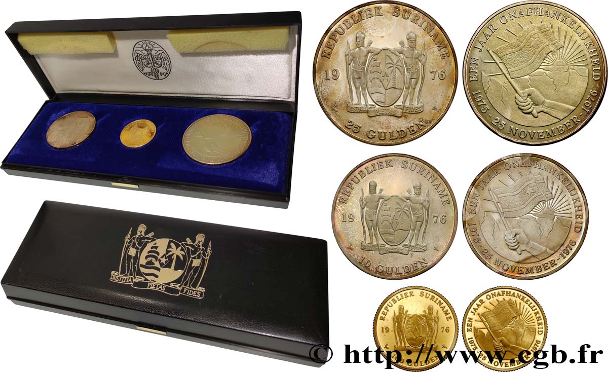 SURINAM Coffret Proof 10, 25 et 100 Gulden 1er anniversaire de l’indépendance 1976  fST 