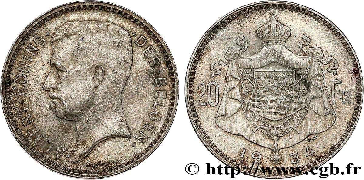 BELGIEN 20 Franken (Francs) Albert Ier légende Flamande 1934  SS