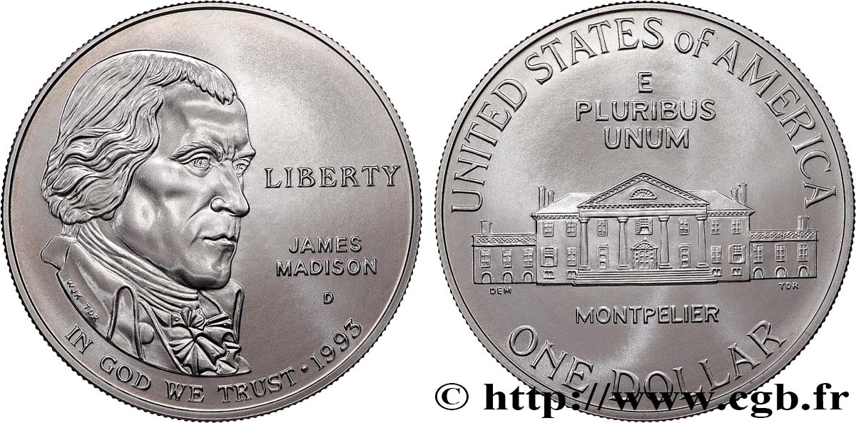 UNITED STATES OF AMERICA 1 Dollar James Madison 1993 Denver MS 