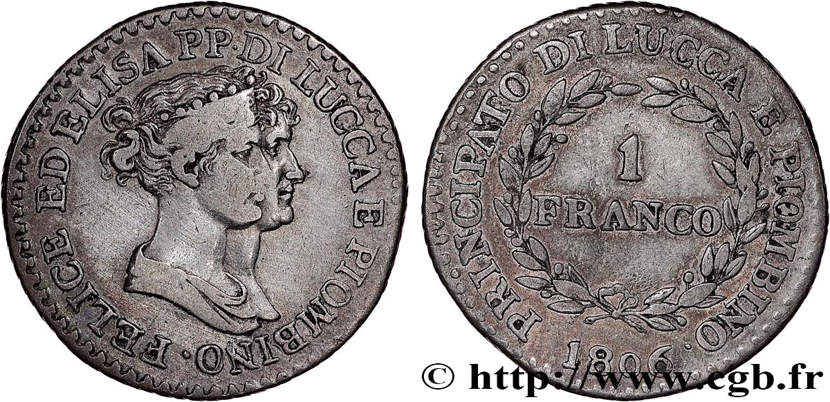 ITALY - PRINCIPALTY OF LUCCA AND PIOMBINO - FELIX BACCIOCHI AND ELISA BONAPARTE 1 Franco  1806 Florence XF 