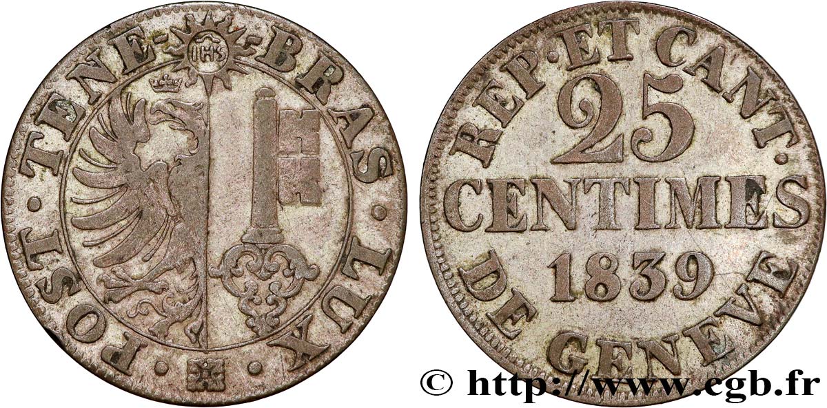 SUISSE - RÉPUBLIQUE DE GENÈVE 25 Centimes 1839 TTB