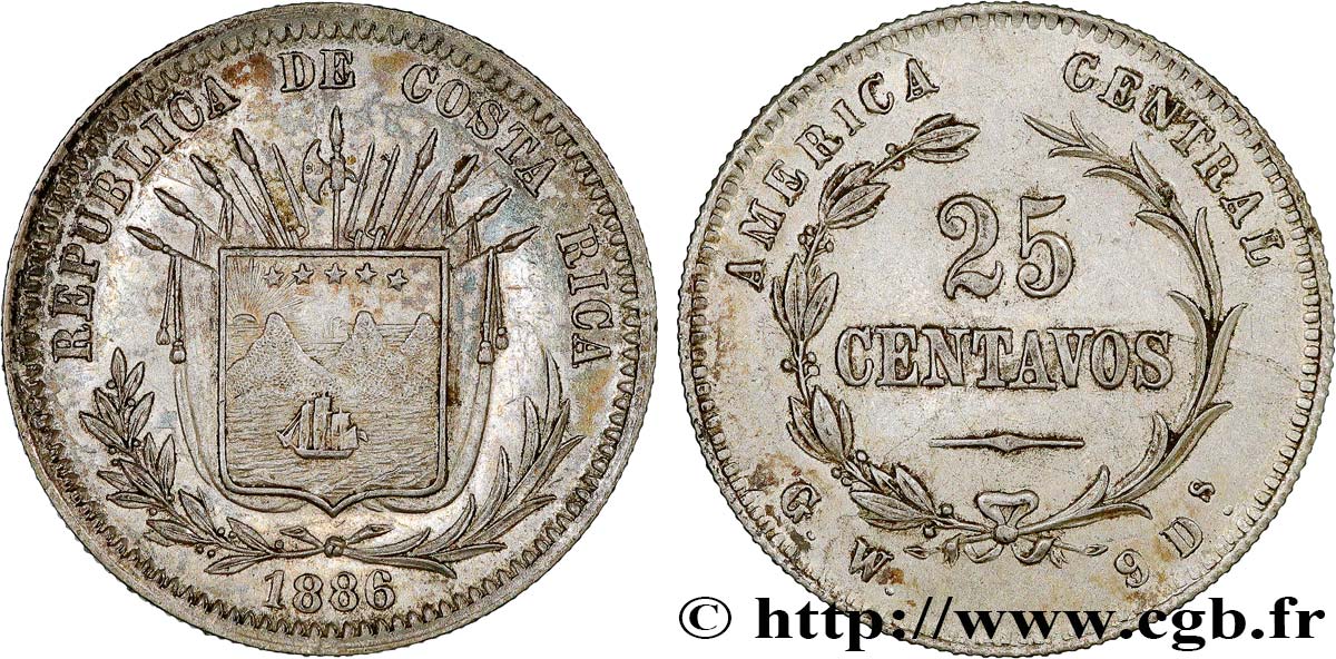COSTA RICA 25 Centavos 1886 San José AU/AU 