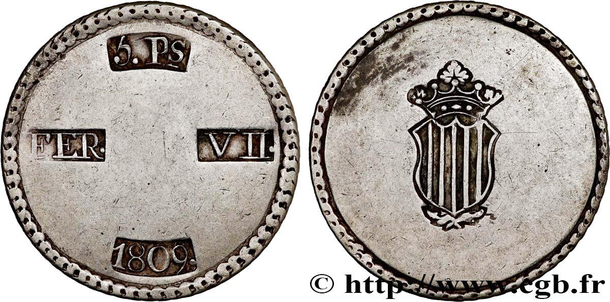 ESPAGNE - FERDINAND VII - SIÈGE DE TARRAGONE 5 Pesetas 1809 Tarragone TTB