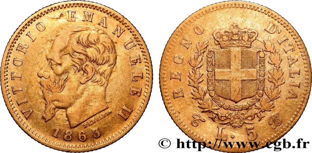 ITALY - KINGDOM OF ITALY - VICTOR-EMMANUEL II 5 Lire  1863 Turin VF 