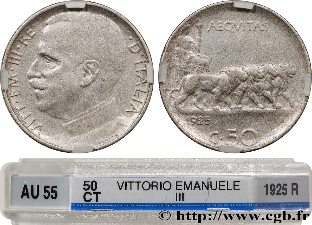 ITALY - KINGDOM OF ITALY - VICTOR-EMMANUEL III 50 Centesimi, tranche striée 1925 Rome - R AU55 GENI