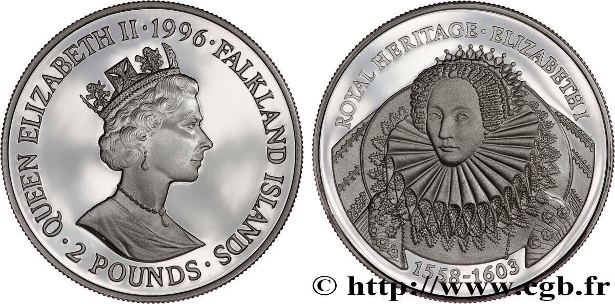 FALKLAND ISLANDS 2 Pounds Proof Elizabeth I 1996  MS 