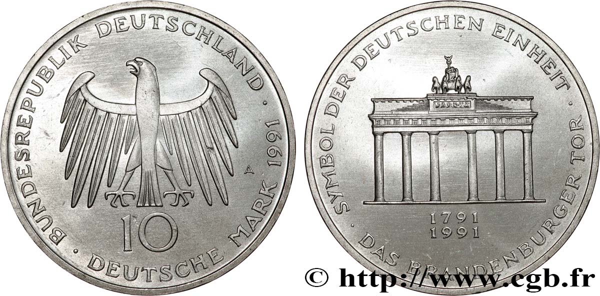 ALLEMAGNE 10 Mark 200e anniversaire de l’inauguration de la Porte de Brandebourg 1991 Berlin SPL 