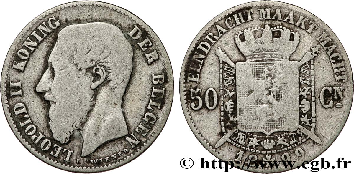 BELGIQUE 50 Centimes Léopold II légende flamande 1899 TB