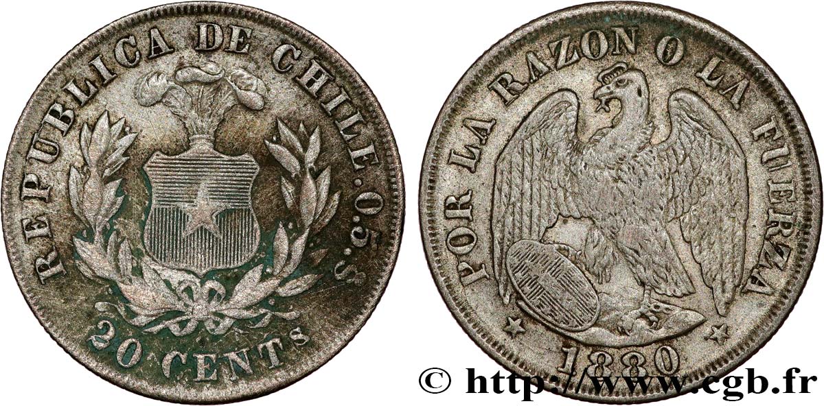 CILE 20 Centavos emblème / condor 1880 Santiago - S° BB 