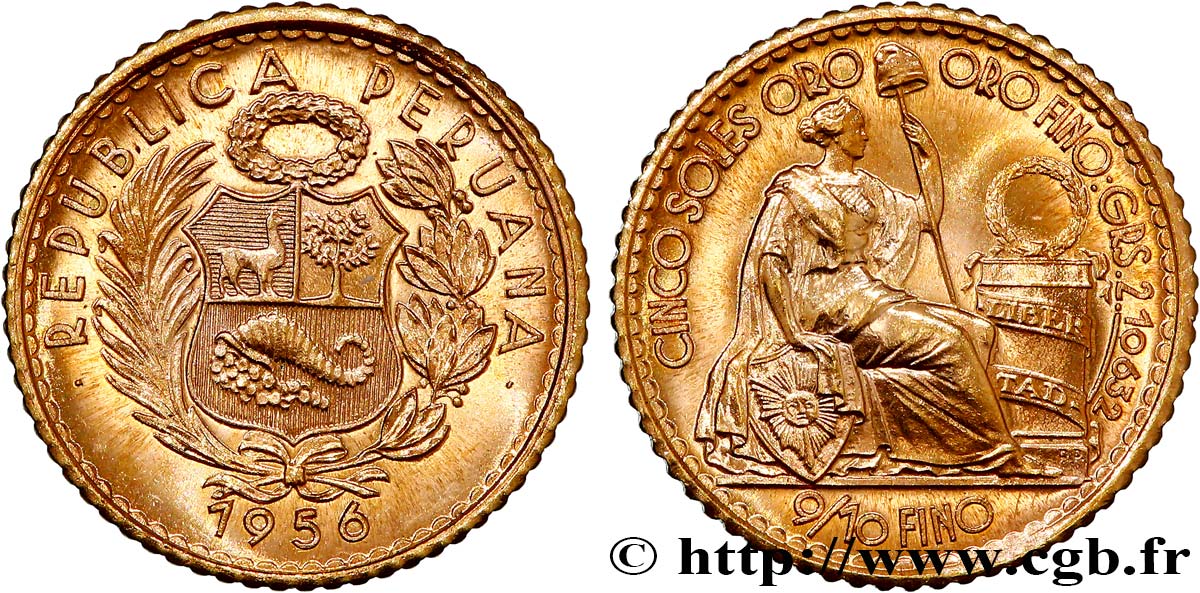 PÉROU 5 Soles de oro 1956 Lima SPL