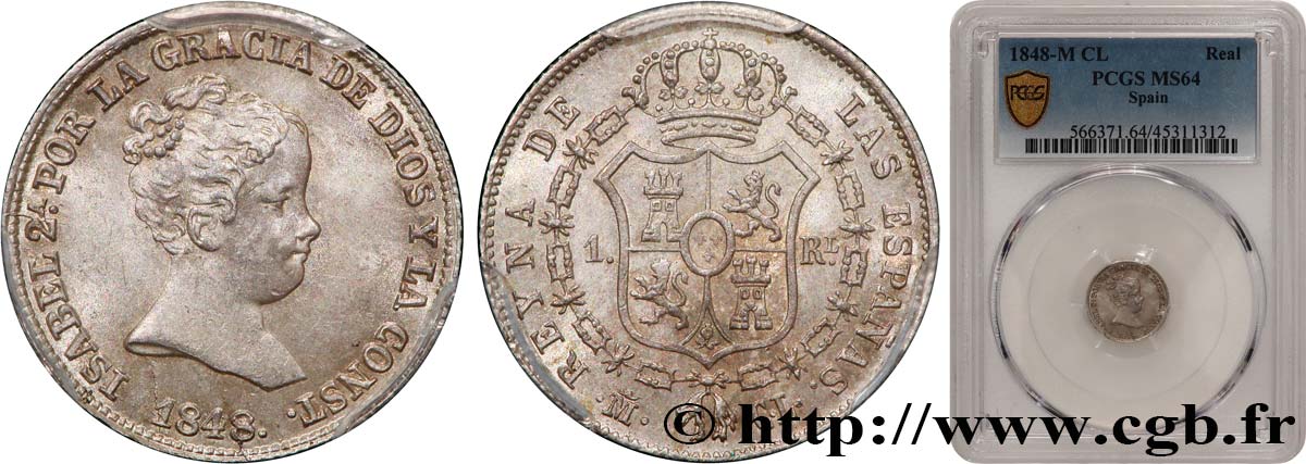 SPAIN - KINGDOM OF SPAIN - ISABELLA II 1 Real  1848 Madrid MS64 PCGS