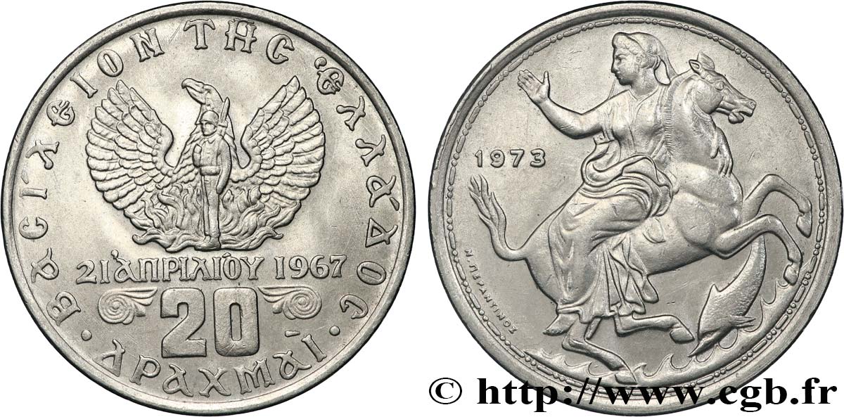 GRECIA 20 Drachmes Phénix et soldat / Séléné 1973 SPL