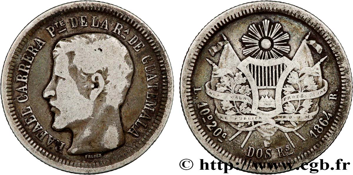 GUATEMALA 2 Reales Rafael Carrera 1864  VF 